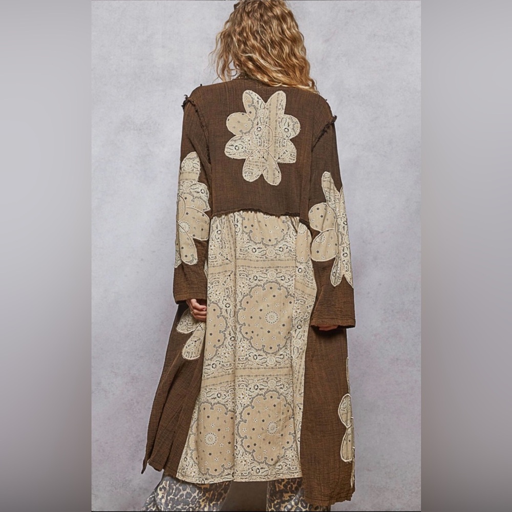 POL MoonShadow Oversized Brown Floral Patchwork Duster Jacket Studded Size Small - Picture 12 of 13